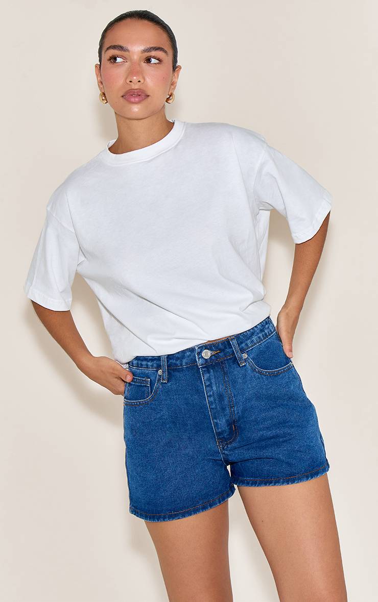 Bleu Foncé Short Mom Taille Haute À Surpiqûres Contrastantes