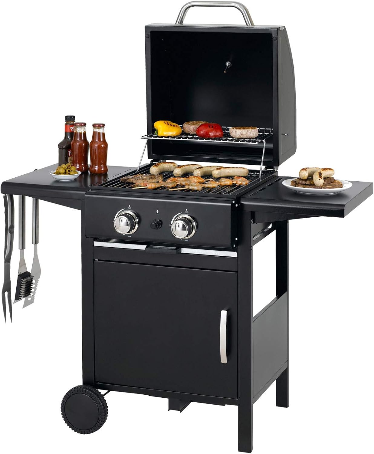 tepro Gasgrill Mayfield 2 mit 2 hochwertigen, leistungsstarken Edelstahlbrennern, verchromten Grillrosten (Rost-in-Rost-System), großer Warmhaltefläche, integriertem Thermometer im Deckel und praktischen Seitenablagen, Maße ca. 112 x 58 x 100 cm