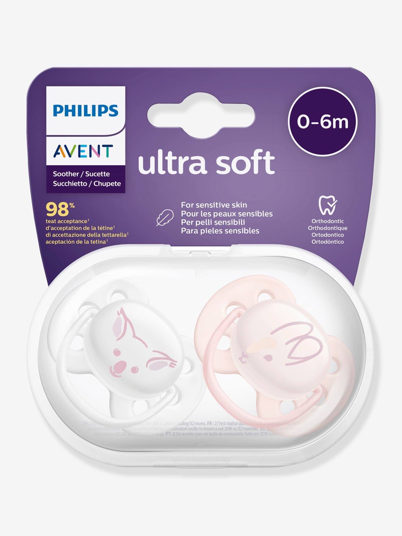 Pacote com 2 chupetas ultramacias Philips AVENT, modelo 1st, brancas lisas com estampas.