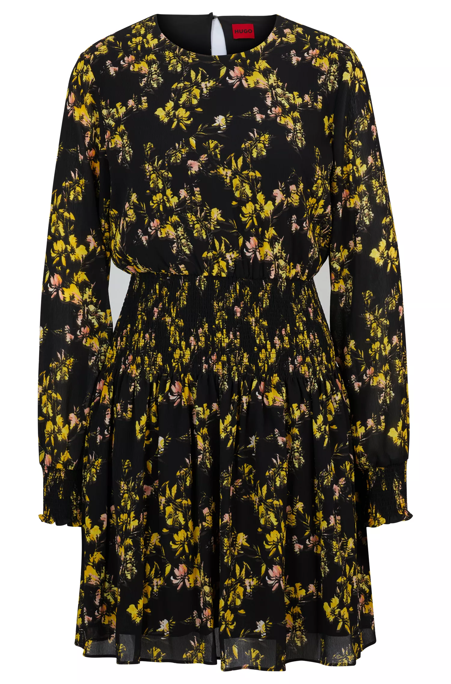 Vestido curto HUGO vermelho com detalhe franzido e estampa floral.