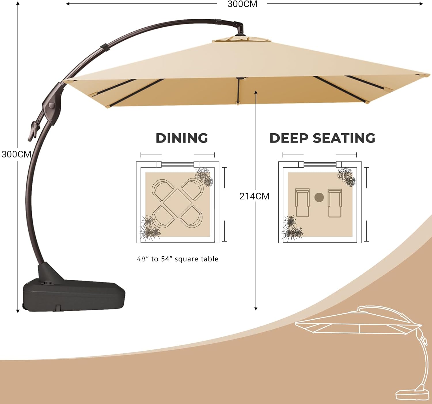 Grand patio Sonnenschirm Quadrat 300cm mit Schirmständer, Gartenschirm mit Volant, Neigungswinkelverstellung, UV-Schutz UPF 50+, Marktschirm mit Kurbel, für Garten, Balkon, Terrass (Beige)