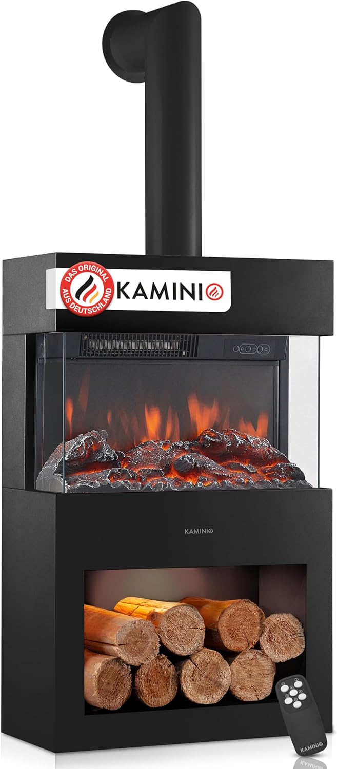 Elektrokamin Henri mit Ofenrohr - Elektrischer Kaminofen mit Heizung, 3D-Flammeneffekt, Holzfach, LED-Ambientelicht, Fernbedienung (Schwarz)