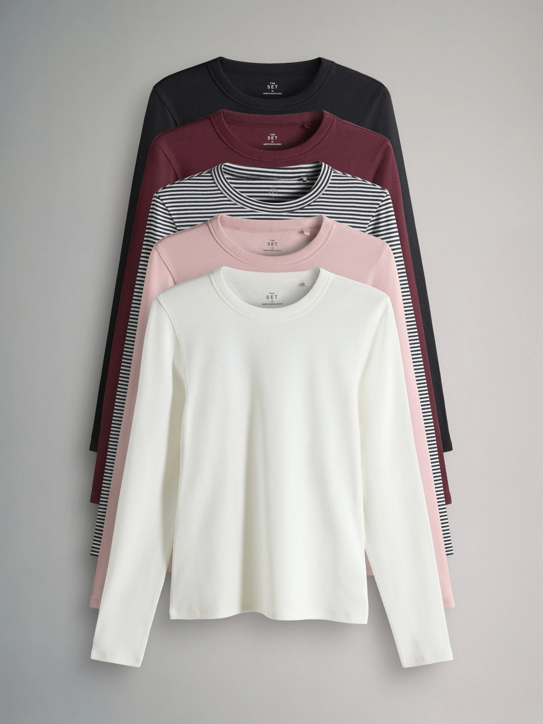 Zwart/bessenrood/Roze/Strepen/Crème - The Set van 5 geribbelde T-shirts met lange mouwen