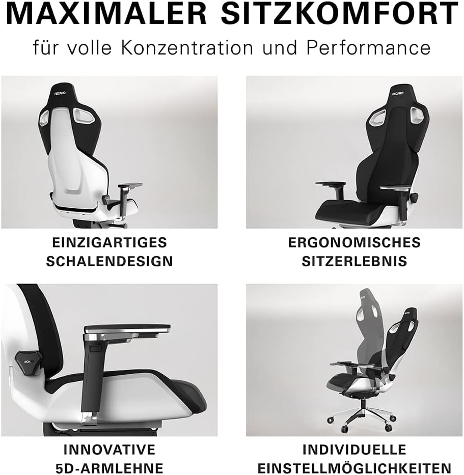 RECARO Exo Platinum Gaming Stuhl & Bürostuhl Ergonomisch [TÜV-Zertifiziert] | Made in Germany | Lordosenstütze, Aluminium-Rahmen, Anti Submarining, Handräder für stufenlose Einstellung, Sky