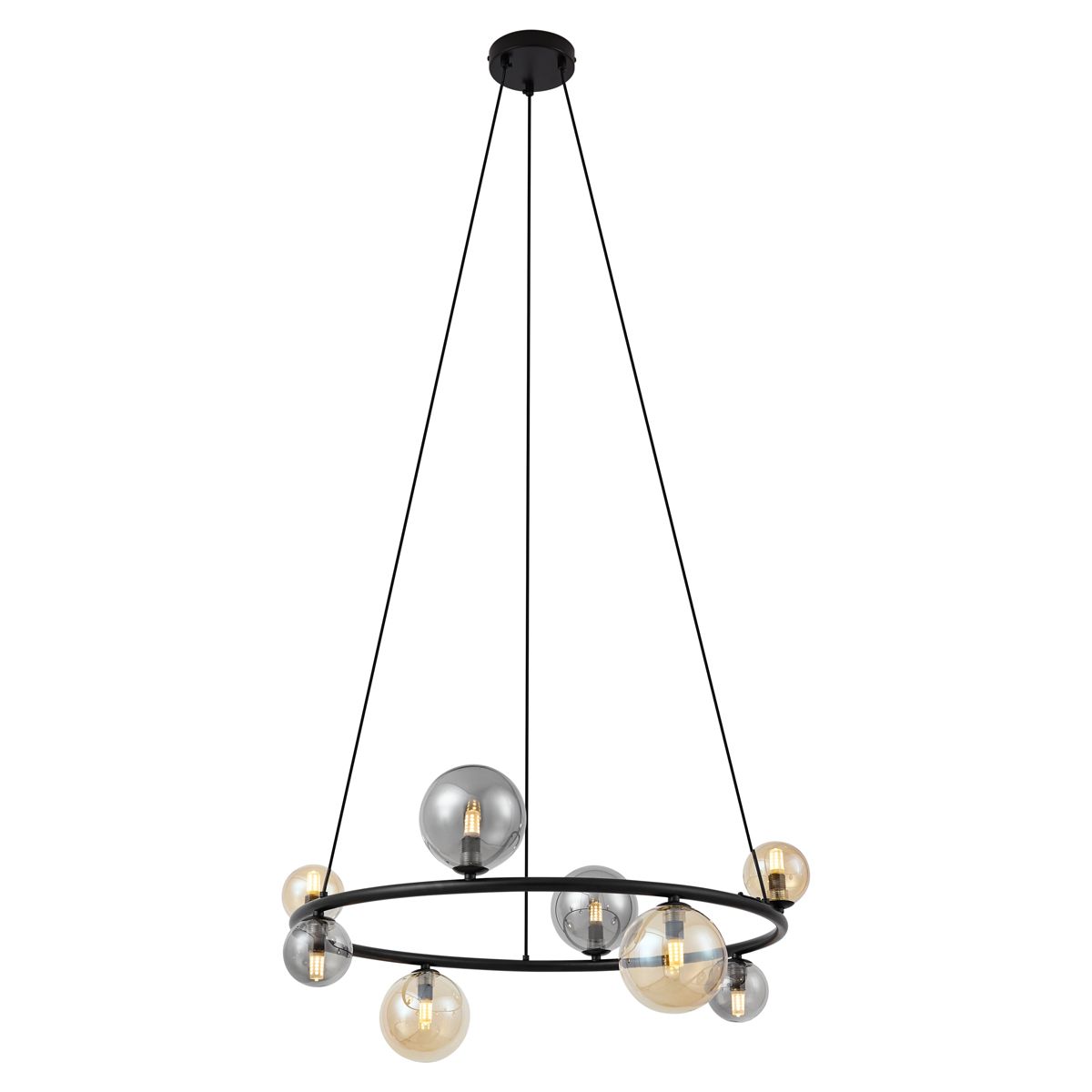 Hanglamp zwart met smoke en amber glas rond 8-lichts - Monaco