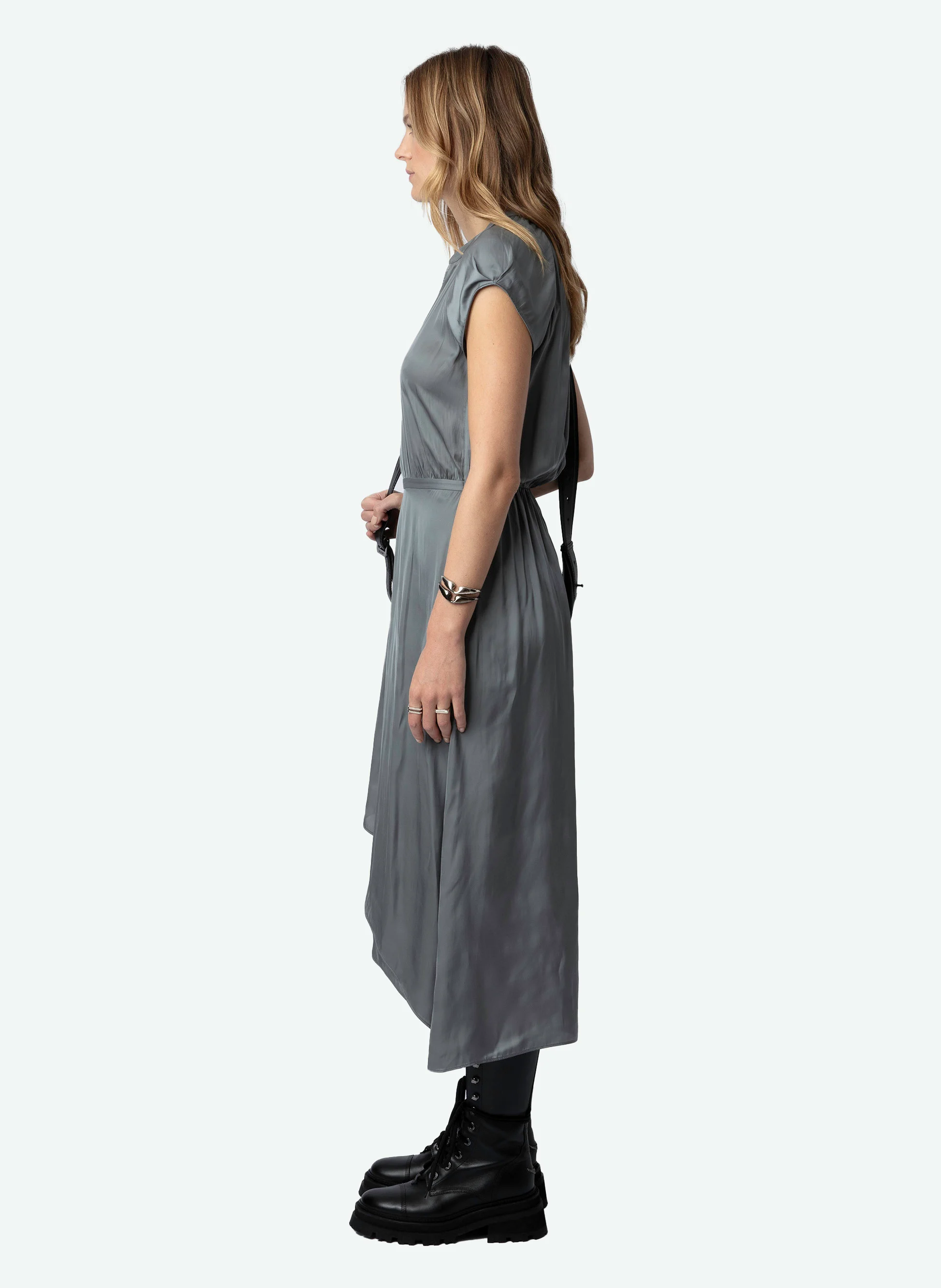 RANDALL - Robe midi col tunisien en satin| Gris