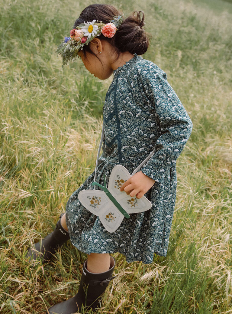 Sac besace papillon pailleté écru et vert