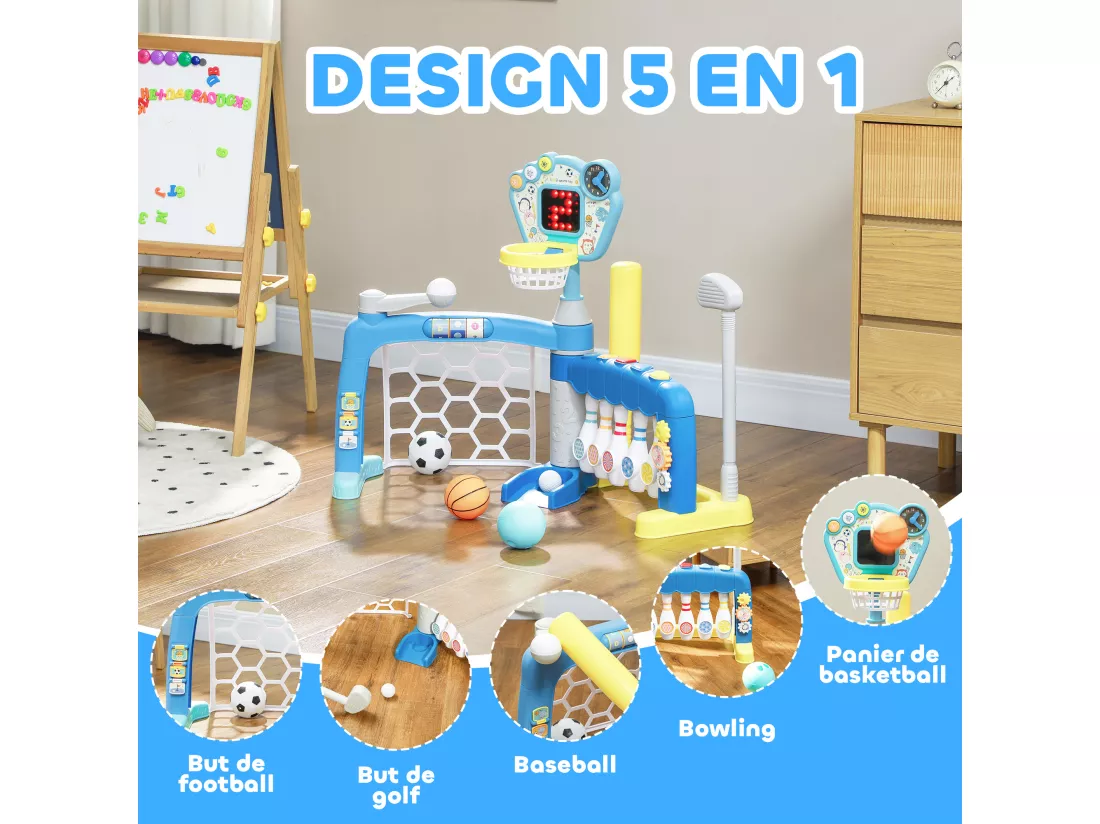Jeux sportifs 5 en 1 enfant 18-48 mois - foot, basket, golf, baseball, bowling - effets lumineux sonores bleu