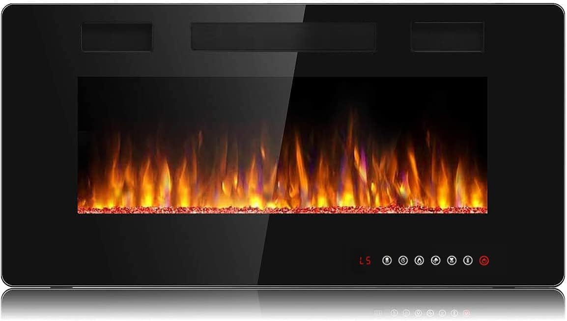 Waleaf Elektrokamin, 91,4 cm Elektrischer Kamin mit Heizung, 3D-Flammeneffekt, 12 Flammenfarben, Wandkamin und Einbaukamin mit Fernbedienung für Wohnzimmer & Innenräume, 1500W, Schwarz