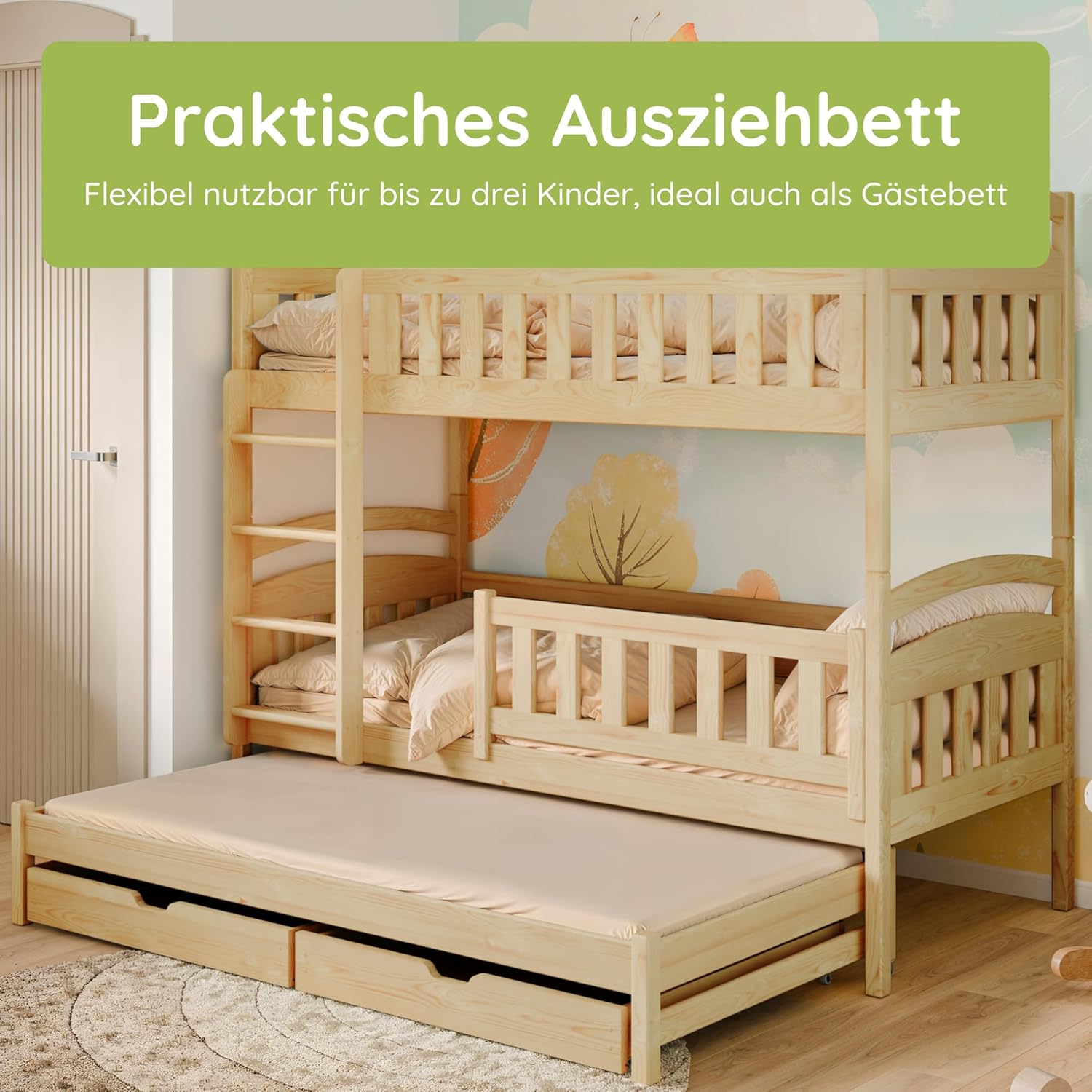 Kids Collective Hochbett 90x200 Etagenbett Kinderbett Jugendbett Stockbett 3 Kinder, Zwei Schubladen & Rausfallschutz umbaubar in 3 Einzelbetten | 4. bis 16. Lebensjahr | inkl. Lattenrosten | Natur