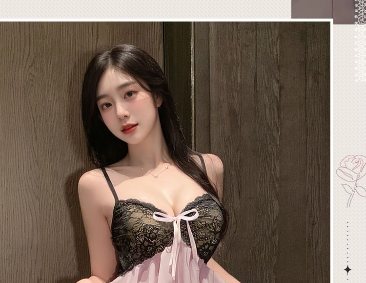 Luvhub - Babydoll met strik en kantpaneel / String / Kettingharnas / Set