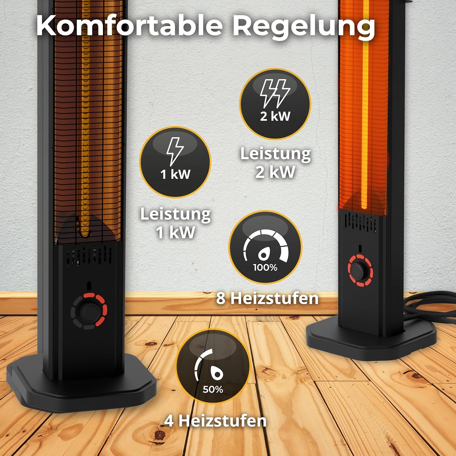 Infrarot Heizstrahler Infrarotheizung 2000W TOR – Elektroheizung mit 8 Stufen, IP45 Terrassenheizer, Heizstrahler Terrasse & Innenraum, Wandmontage, Standgerät, Fernbedienung, Timer, Schwarz