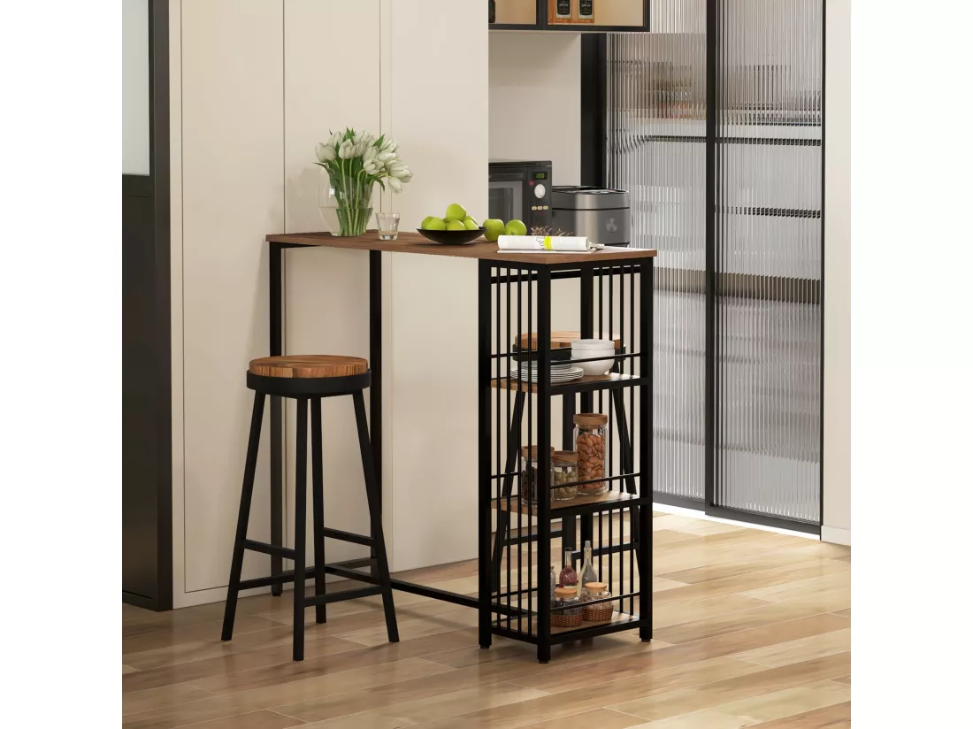 Table de bar 3 étagères style industriel acier noir aspect panneaux aspect bois