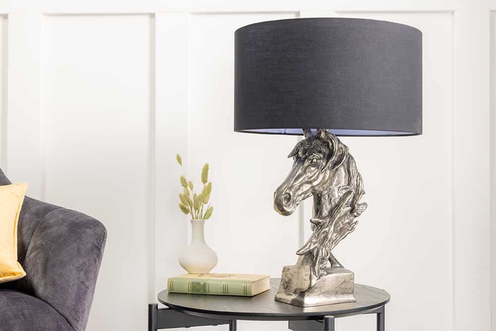 Handgearbeitete Tischlampe CABALLO 60cm silber schwarz Metall Baumwolle Pferde-Skulptur