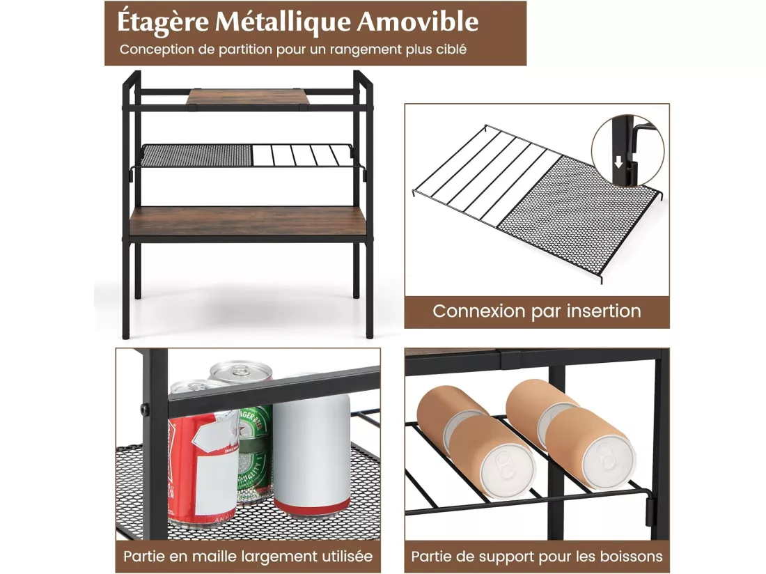 Table d'appoint, 3 niveaux, cadre en métal, étagère en maille, 60 x 33,5 x 61 cm