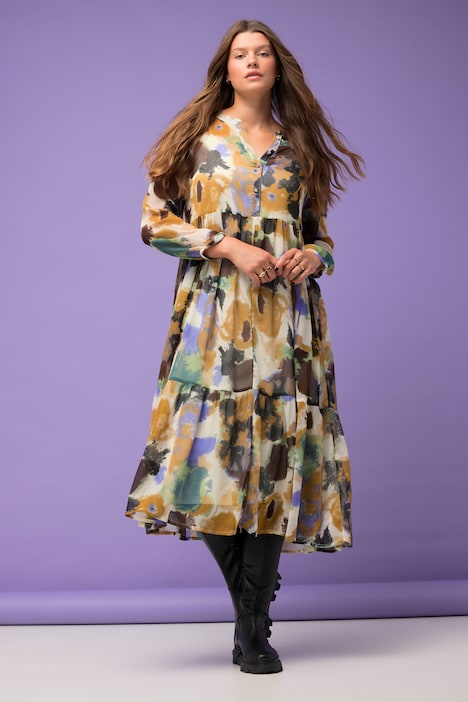 Maxikleid, A-Line, doppellagig, Batik Print, Langarm