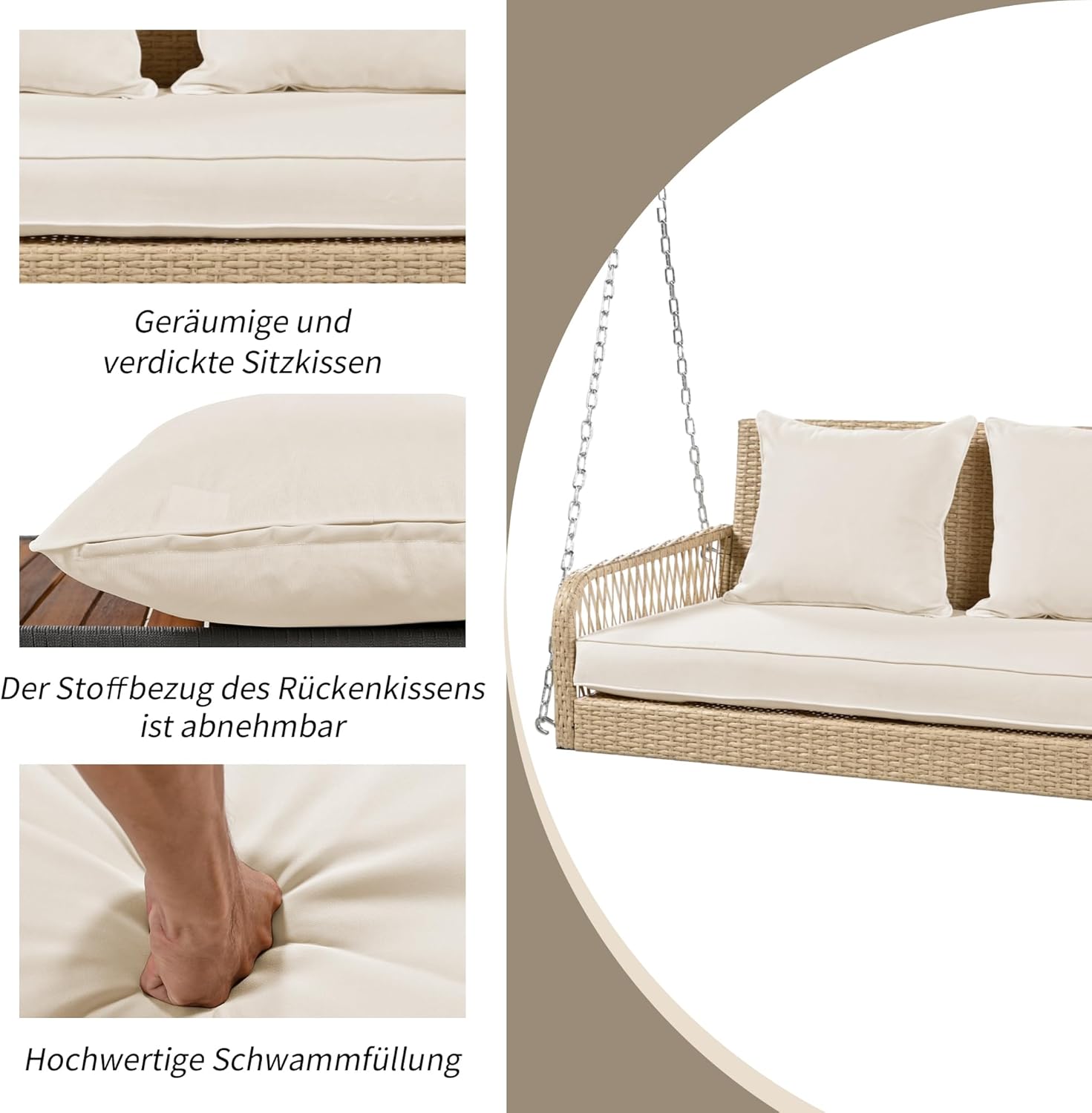 Merax Hängeschaukel 2-Sitzer, PE-Rattan Gartenschaukel mit Sitzkissen & Ketten, Hängebank Hollywoodschaukel Schaukelbank Gartenbank, Doppelschaukel für Garten Balkon Veranda, bis 320KG, Beige