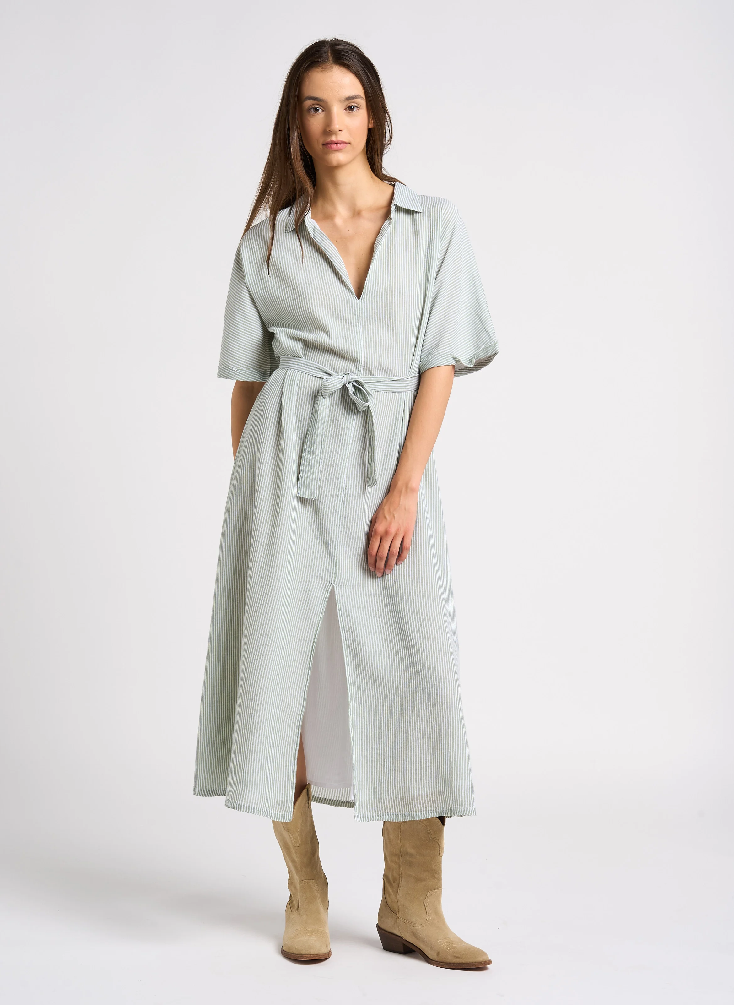 MANDIE - Robe chemise col classique rayée en coton | Vert