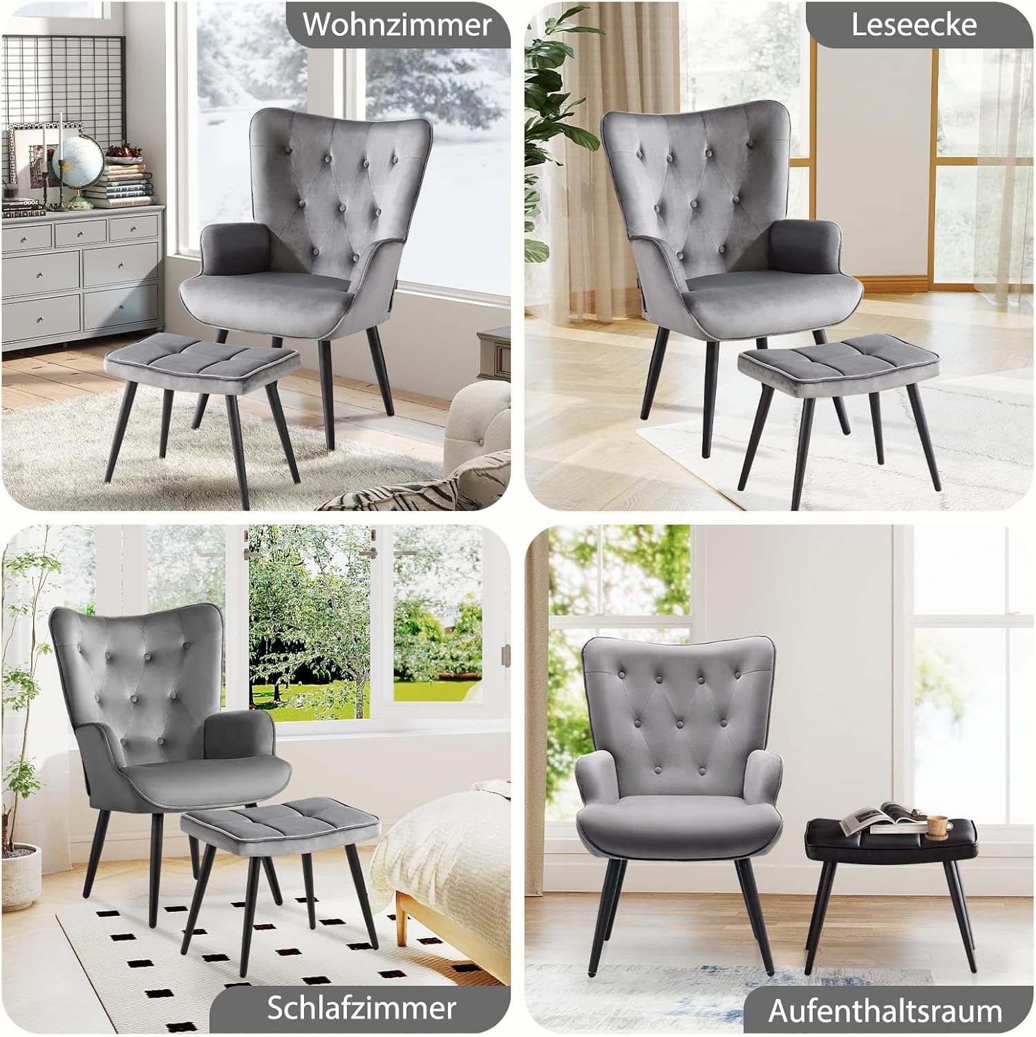 Sessel mit Hocker, Ohrensessel mit Hocker aus Samt, Sessel Wohnzimmer Relaxsessel mit Fußstütze Loungesessel Polstersessel fürs Wohnzimmer Schlafzimmer Arbeitszimmer, Grau