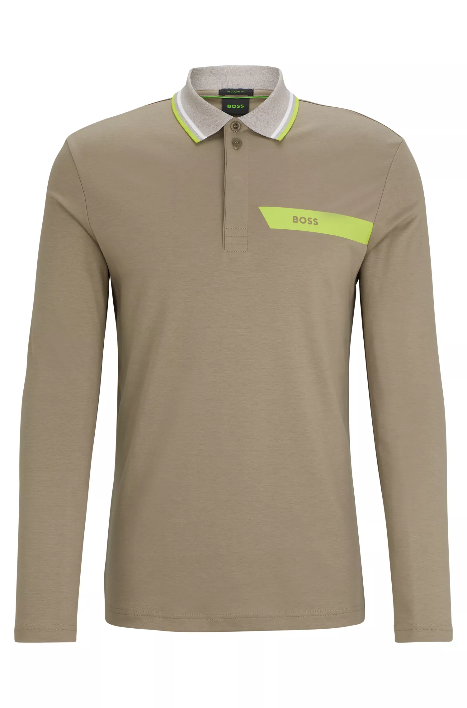 Camisa polo BOSS verde em algodão interlock com listras e logotipo.