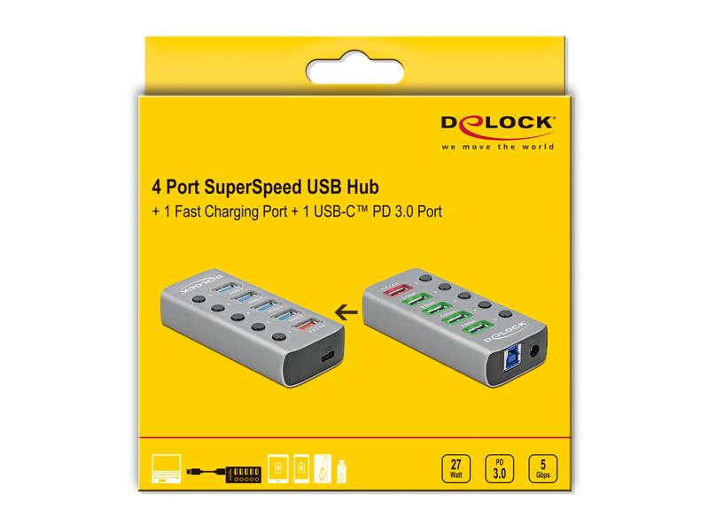 Delock USB-Hub 63263 USB 3.0 - 4x USB-A / 2x Ladeanschluss USB-Hub mit einzeln aktivierbaren Anschlüssen