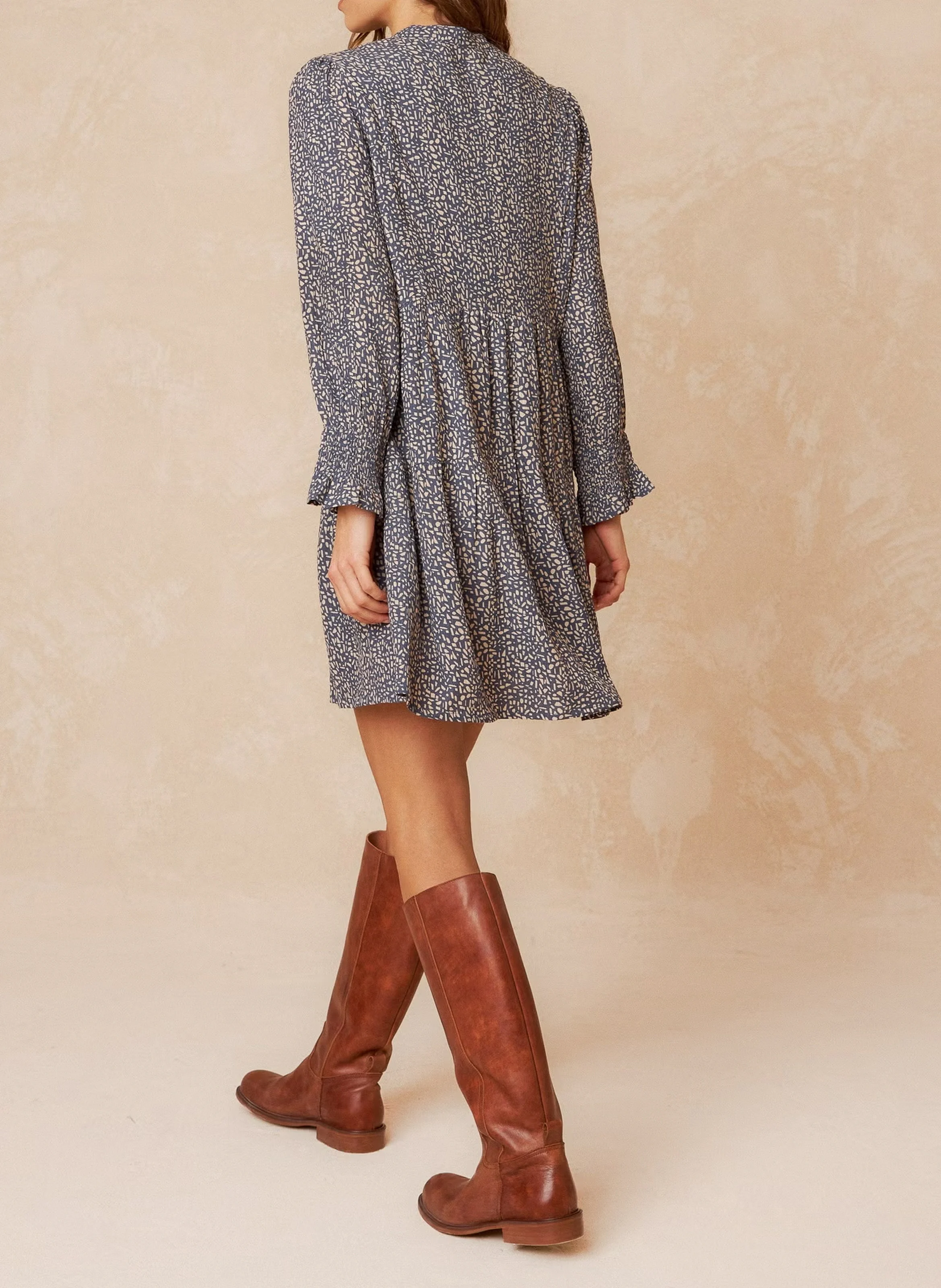 Robe courte col rond imprimée | Bleu