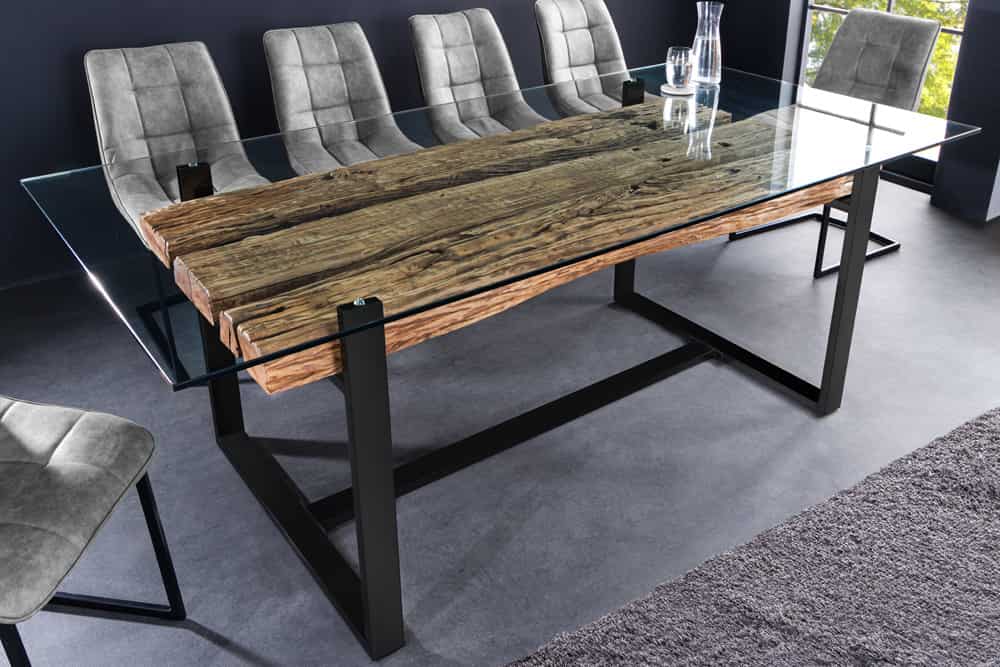 Design Glas Esstisch BARRACUDA 220cm natur Teak Massivholz schwarz Kufengestell