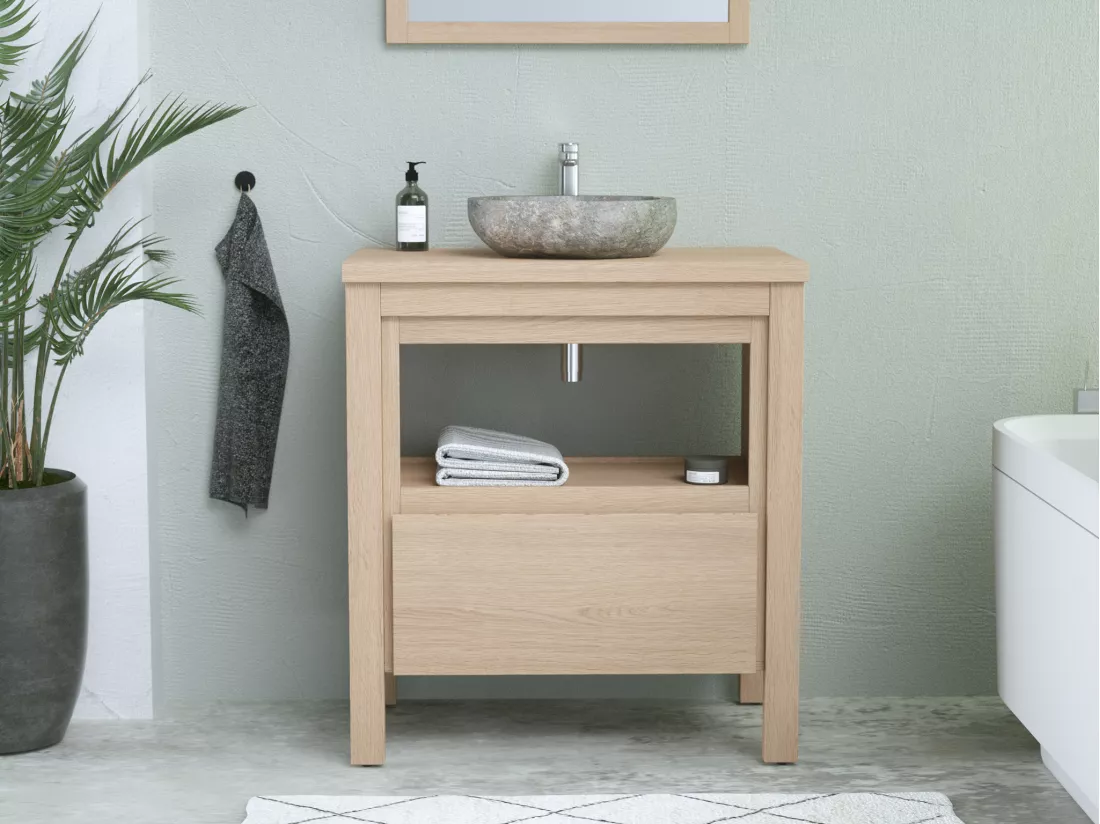Meuble de salle de bain avec vasque à poser en pierre - Placage chêne - 80 cm - COSMOTI