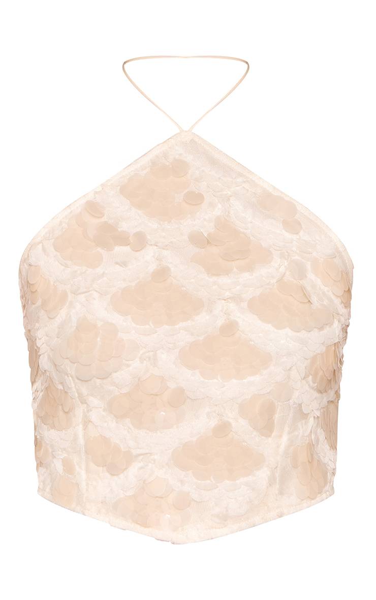 Crème Ensemble Coordonné Top Court Dos Nu À Sequins Superposés