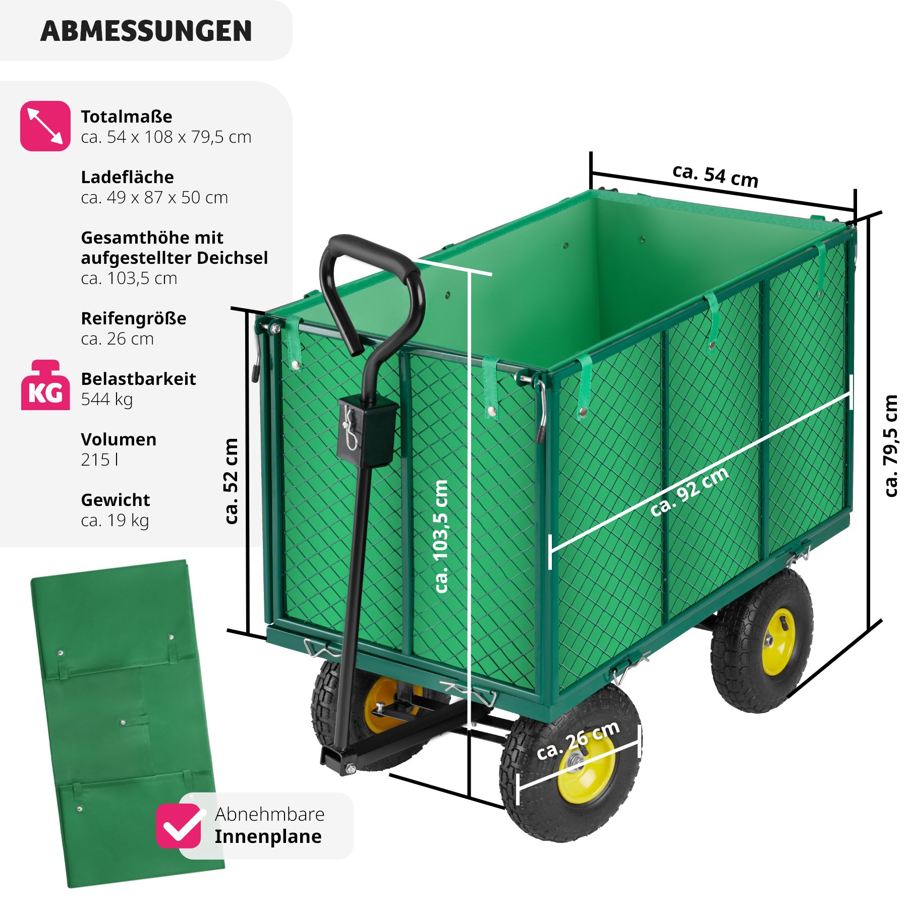 tectake® Bollerwagen, mit klappbaren Seitenwänden, leichtgängige Lenkachse mit gepolstertem Griff, Belastbarkeit 544 kg
