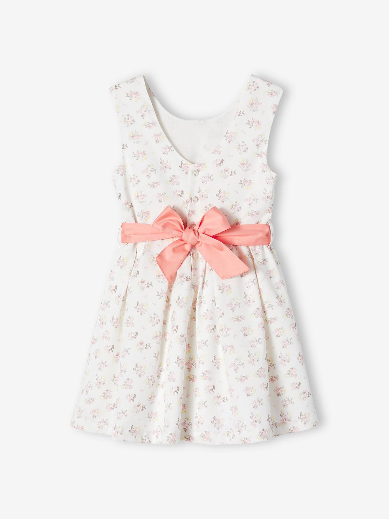 Vestido de cerimônia com flores em aquarela na barra, para menina, branco-creme