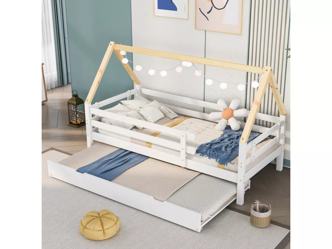 Lit gigogne cabane - 90 x 200 cm - bois massif - sommier à lattes - coloris blanc