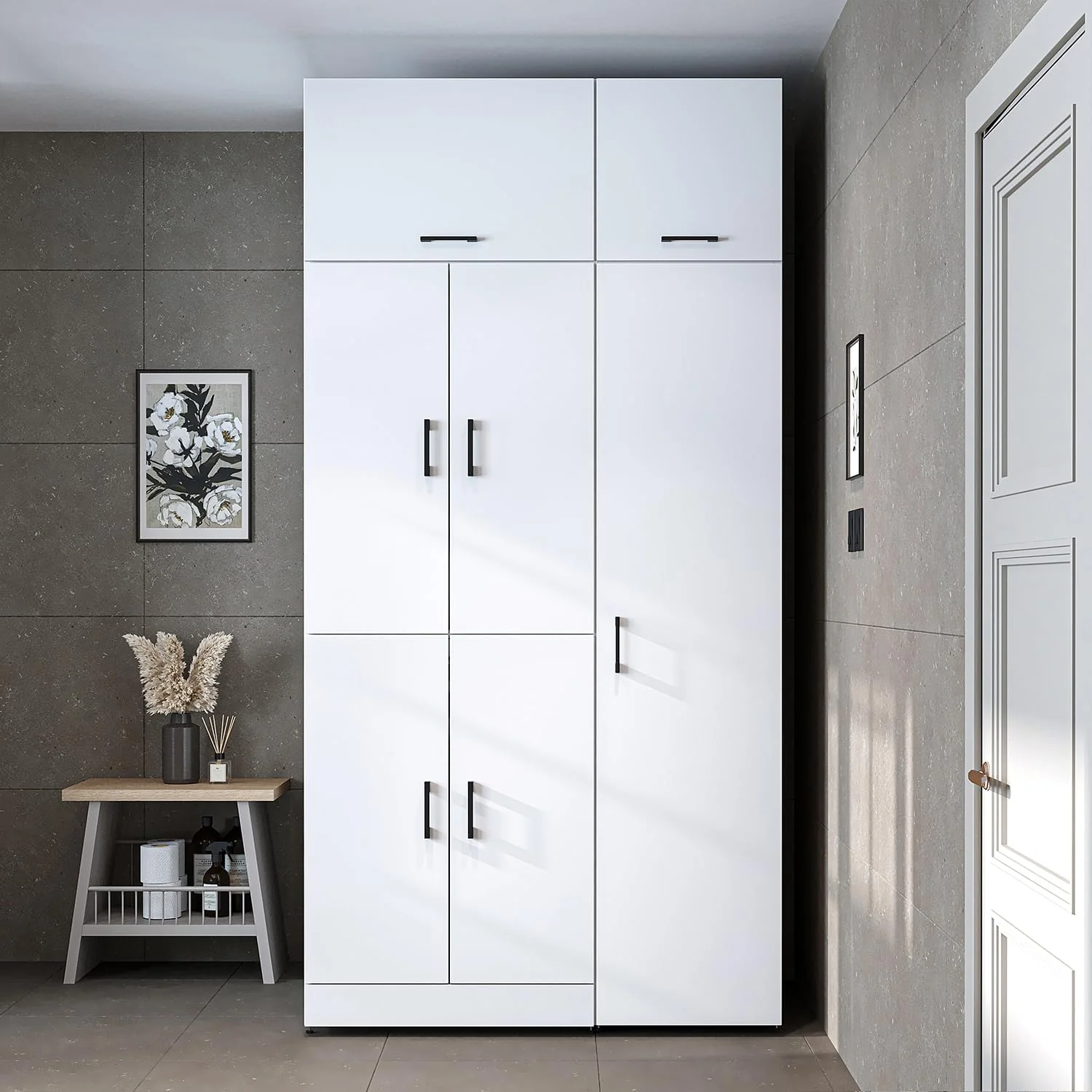ROOMART Dora - Armoire de machine à laver - Pour sèche-linge et machine à laver - En 4 couleurs - Avec portes et panneau coulissant - Blanc - Chêne blanc - Chêne anthracite - Chêne blanc (chêne blanc)