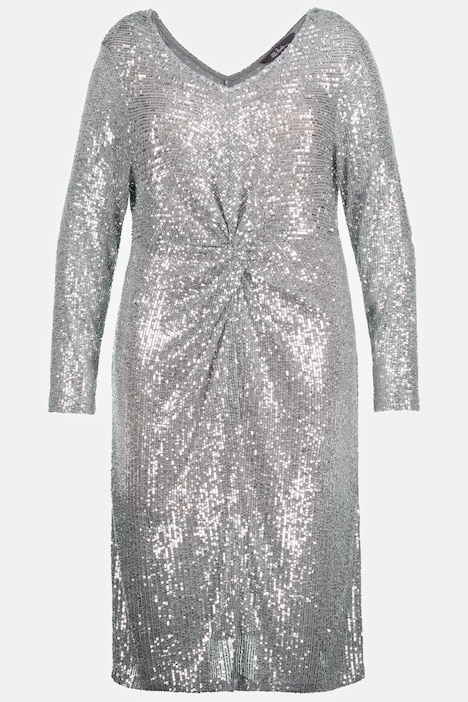 Pailletten-Kleid, drapierte Taille, V-Ausschnitt, Langarm