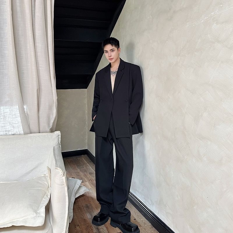 Adotuastic - Set: Blazer met reverskraag, split en knoopjes + effen pantalon met middelhoge taille