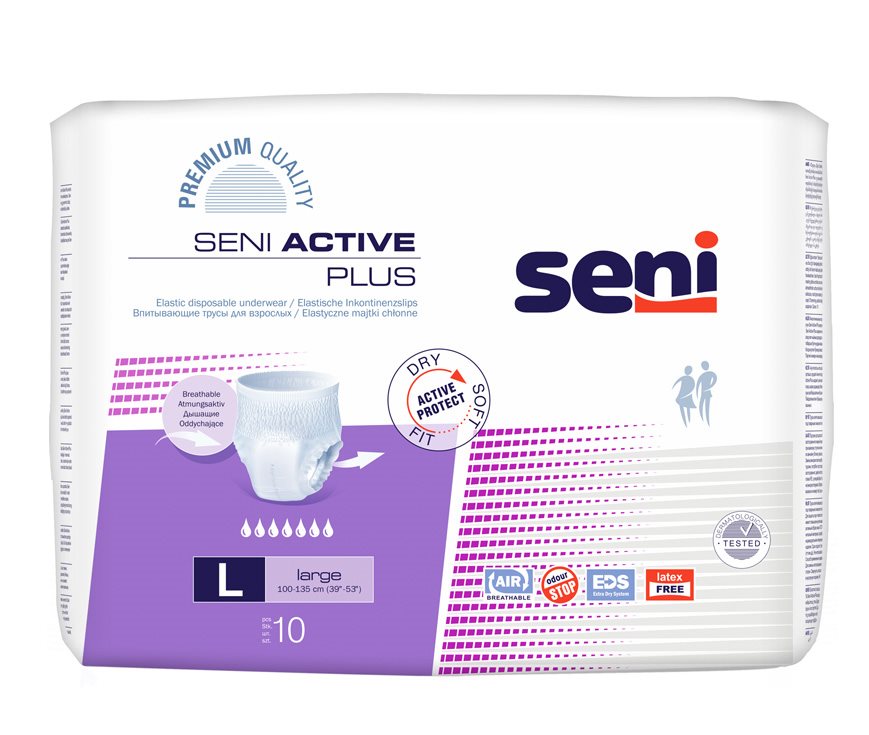 Seni Active Plus Pants Einweghosen<br>10 Stück, L, atmungsaktiv Hüftumfang 100-135cm 7 Tropfen