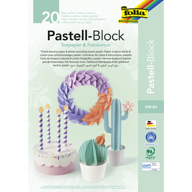 Folia Tonzeichenpapier/Fotokarton Block, pastell, A4, assortiert, 20 Blatt