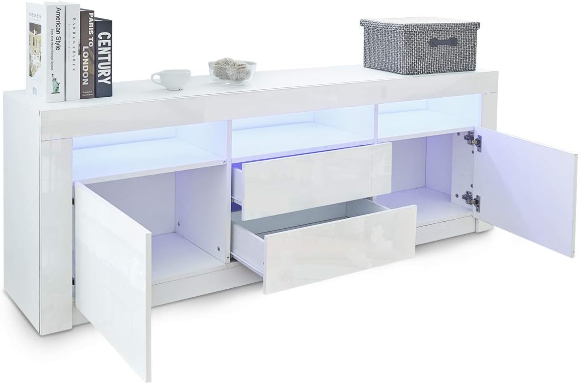LED TV Schrank Modernes Hochglanz TV Board mit 2 Türen & 2 Schubladen Fernsehschrank für Wohnzimmer Schlafzimmer Möbel, Weiß, 160 x 35 x 60 cm