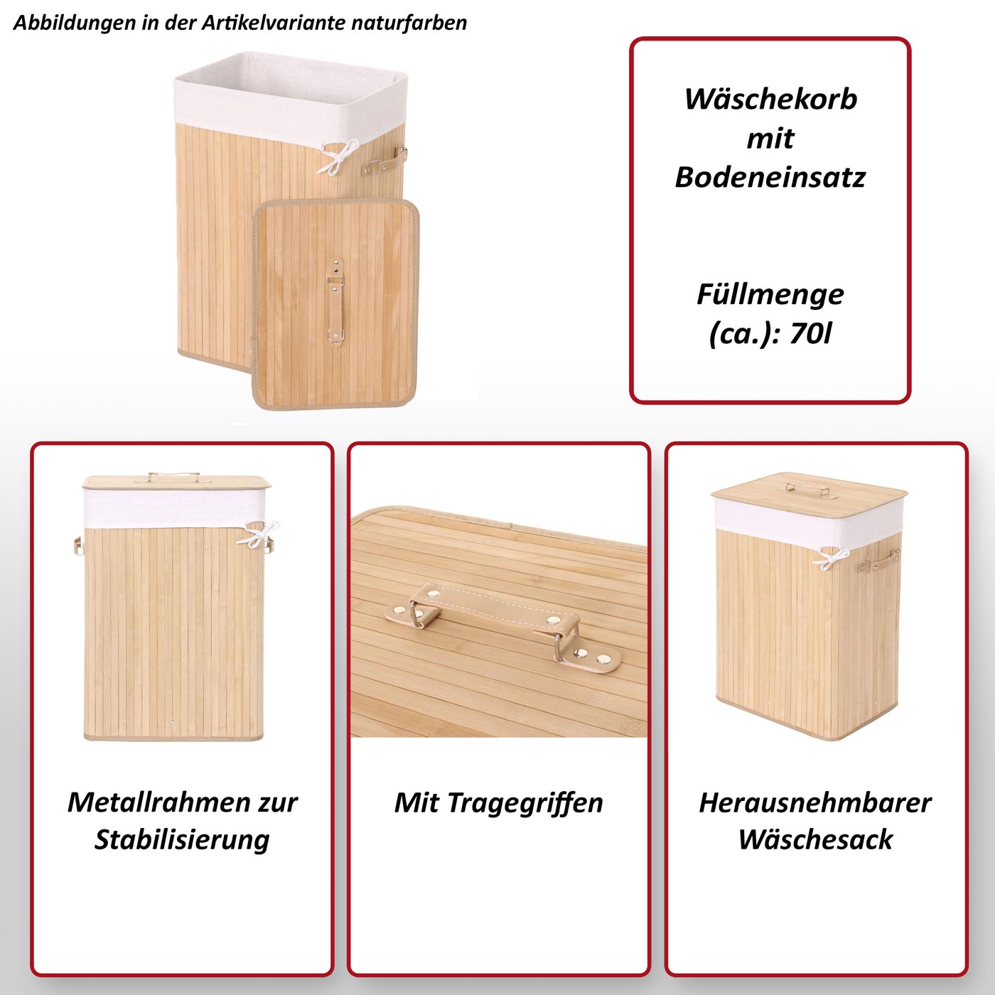 Wäschekorb MCW-C21, Laundry Wäschebox Wäschesammler Wäschebehälter Wäschetonne, 61x43x32cm 70l ~ braun
