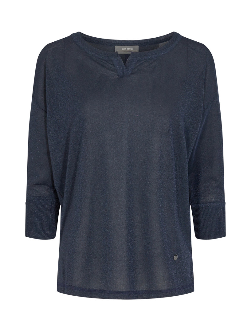 MOS MOSH TOP FEMME KIARA MANCHES MAILLE LUREX 3/4 SALUTE NAVY