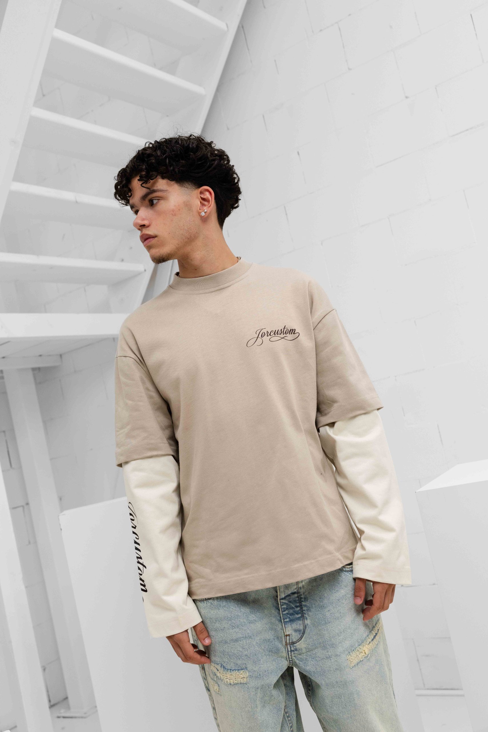 Jorcustom Handscript Double Layered Longsleeve T-Shirt Heren Taupe/Beige