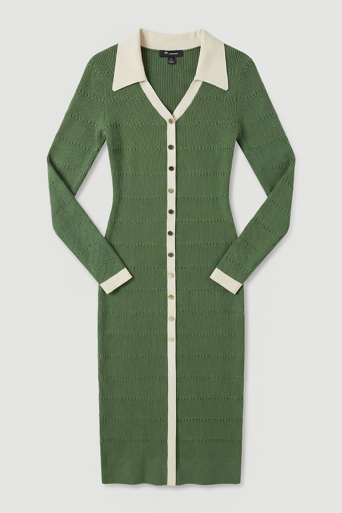 KarenMillen Robe Midi Tricotée en Viscose avec Détails Côtelés et Boutons Couleur Contrastante