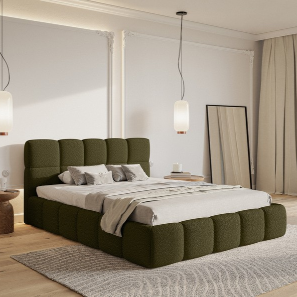 NADUVI Collection Chloe Bedframe 140 x 200 cm - met Opbergvak - Bouclé - Olijfgroen