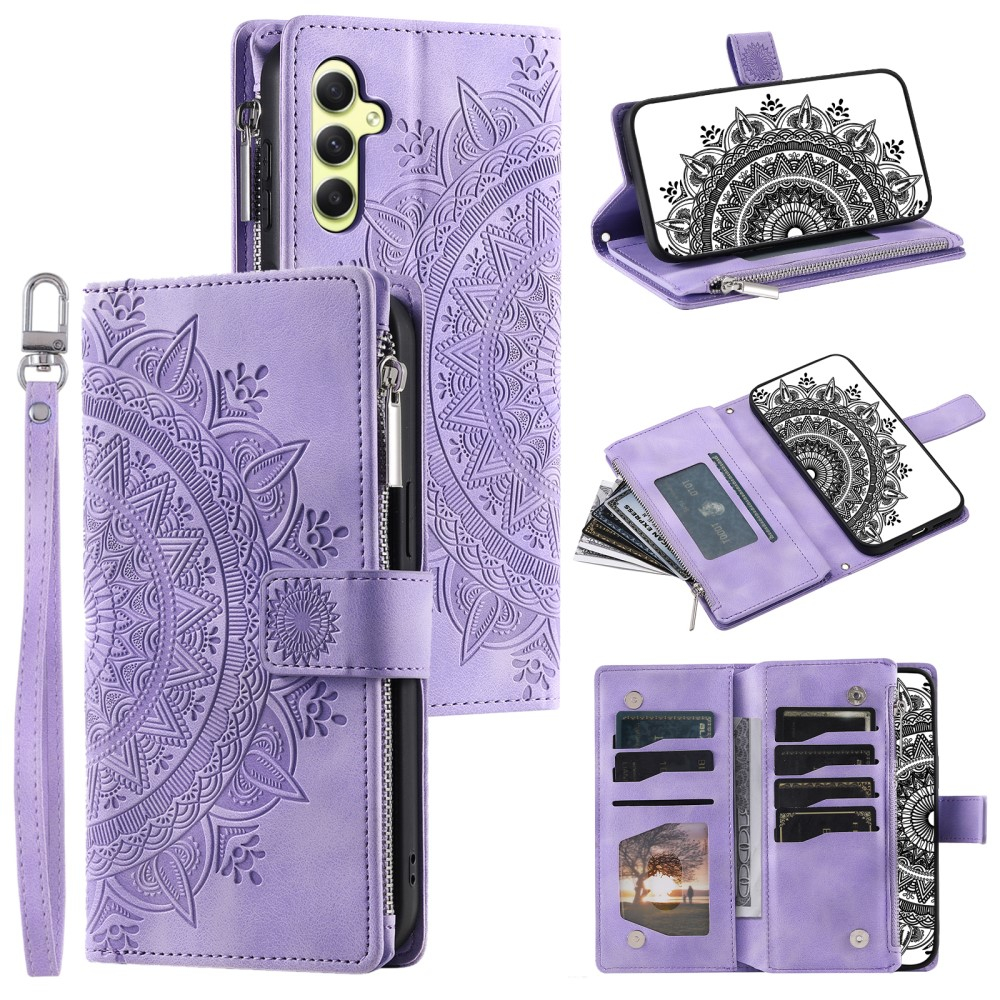 Samsung Galaxy A55 Leder Tasche Flip Cover mit Reissverschluss - Mandala Flowers Imprint - Lila