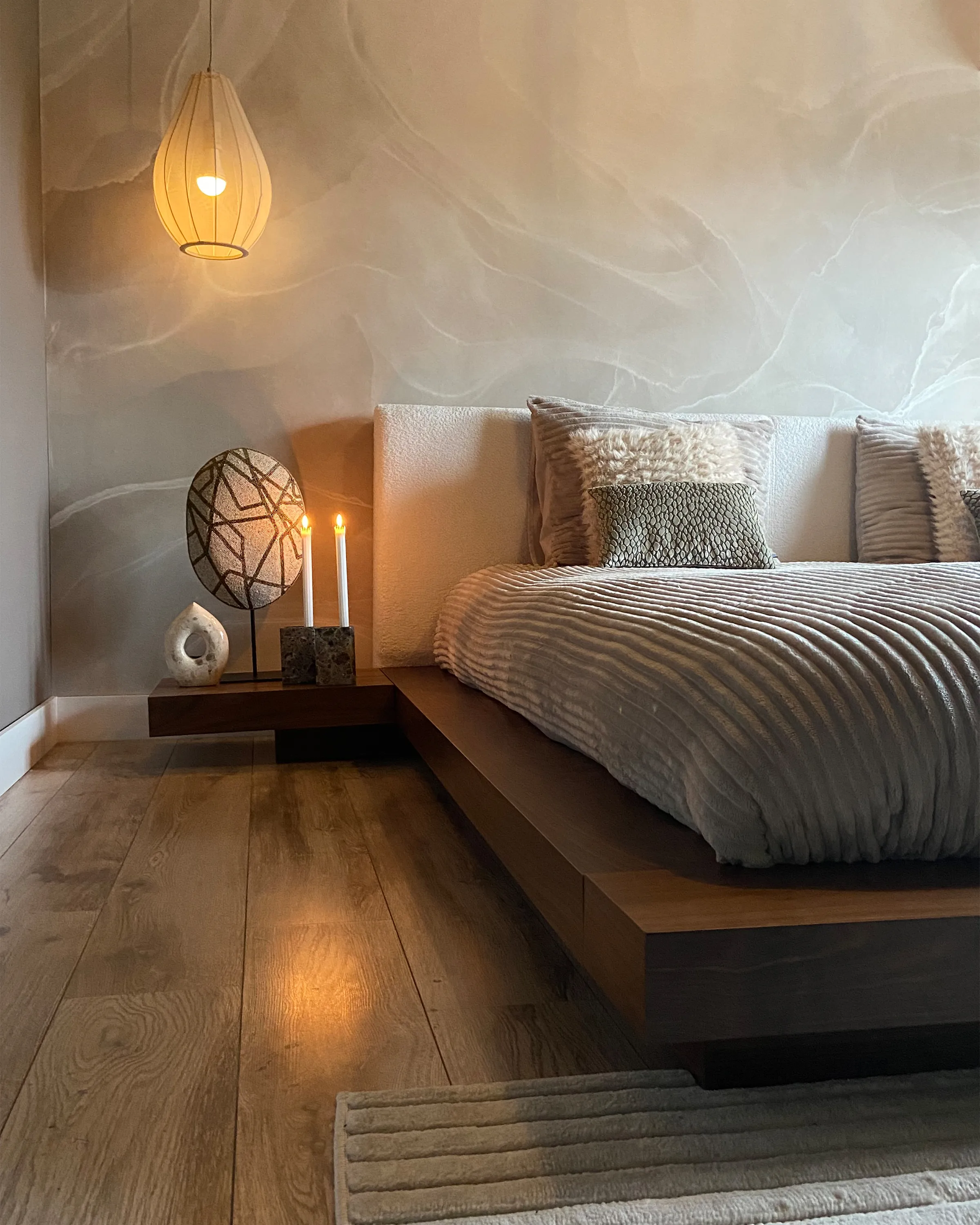 Bed met LED-verlichting Bouclé ZEN 180 x 200 cm LED Bruin essenhout