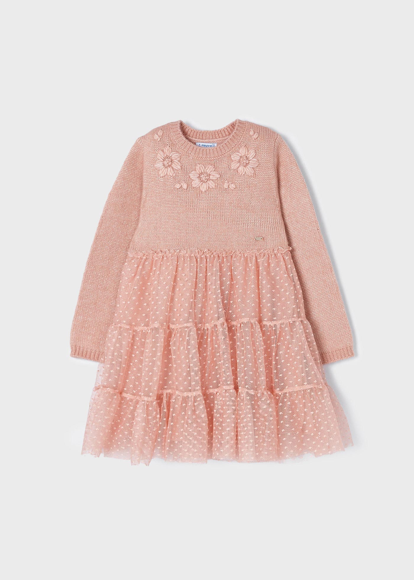 Vestido infantil combinando malha e tule.