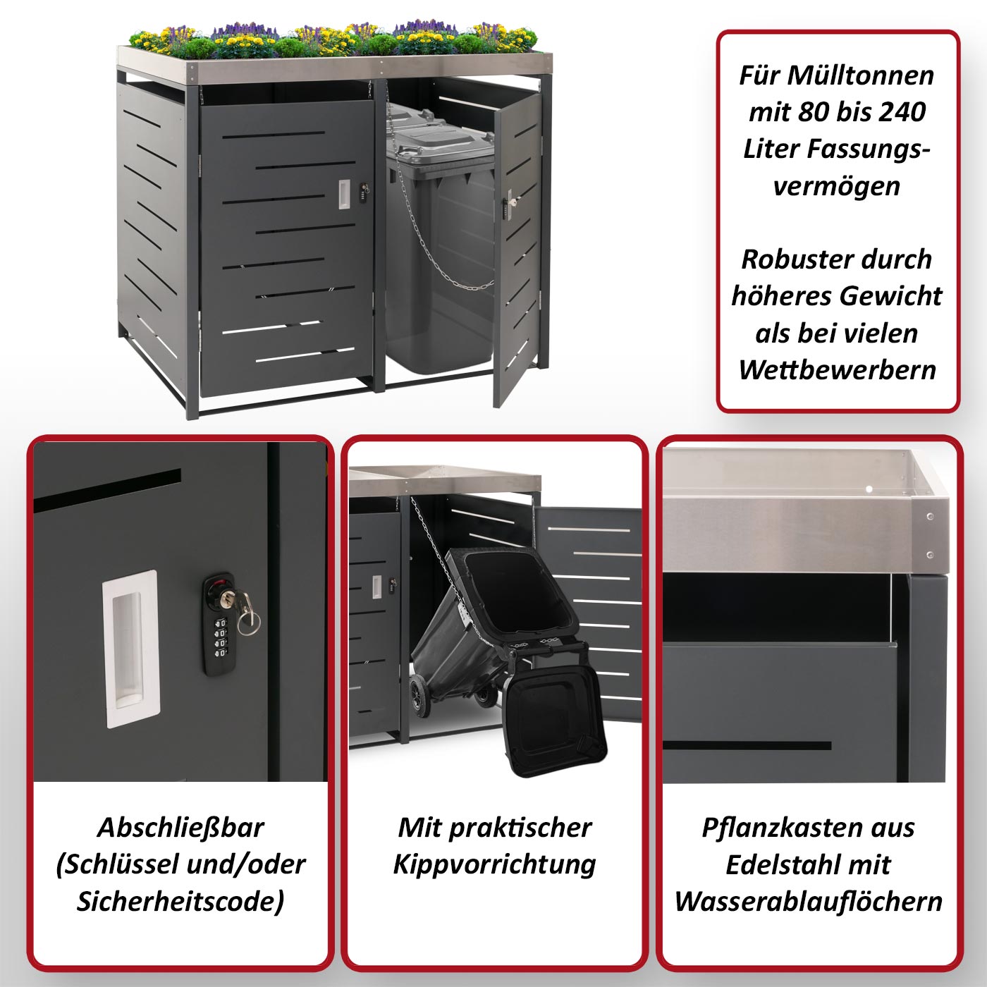 XL 2er-/4er-Mülltonnenverkleidung MCW-H40, Mülltonnenbox, Pflanzkasten Edelstahl-Metall 63kg 125x140x102cm erweiterbar