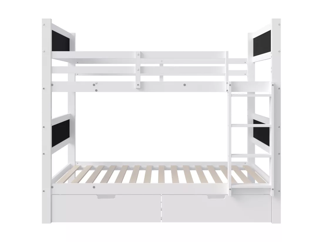 Lit superposé pour enfant - 90x200 cm - avec 4 tableau noir et 2 tiroirs - avec sommiers à lattes - Blanc