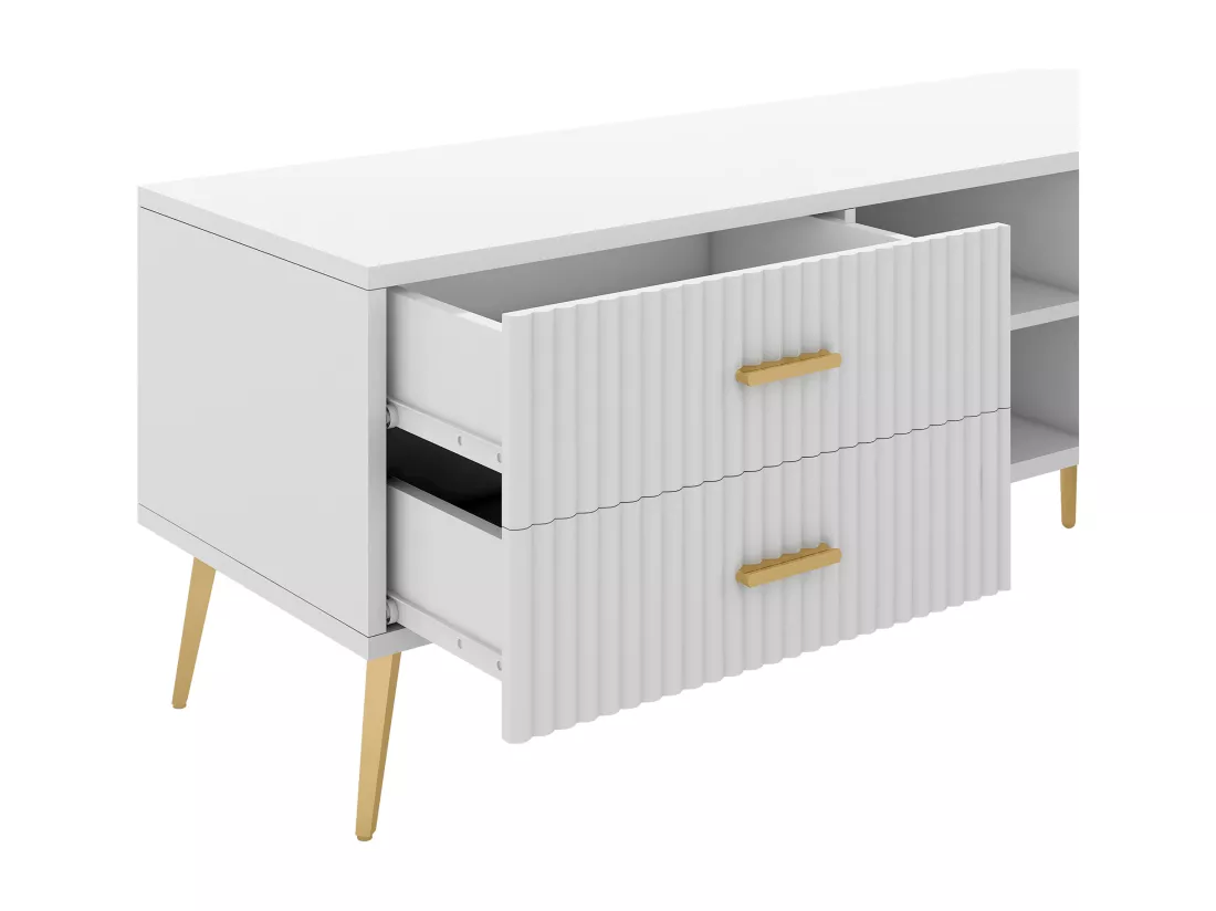 Meuble TV avec 2 portes, 2 tiroirs et 2 niches - MDF - pièds métallique - blanc