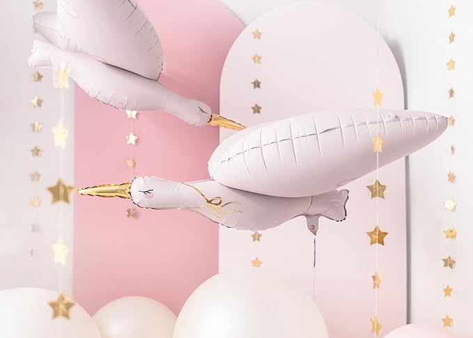 (2er Set) 3D Party Deko Folien Ballon Storch Luftballon für Baby Shower / Geburt - Altrosa / Gold